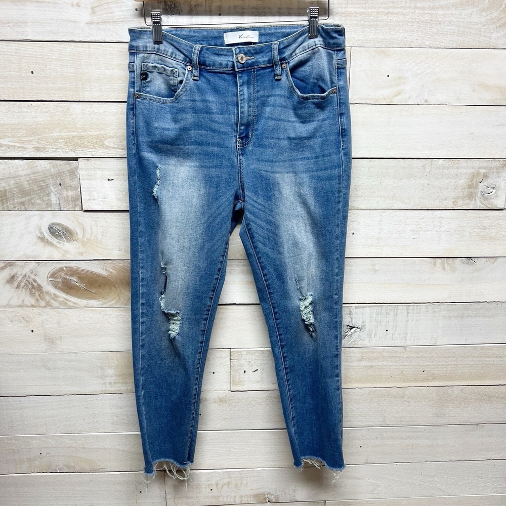 Kancan Jeans Womens 30 Blue High Rise Fray Hem Ankle Distressed Ripped Stretch